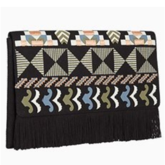 Stella & Dot Taj Clutch Cotton Credit Card Slots Snap Closure Black Embroidery - Picture 3 of 11